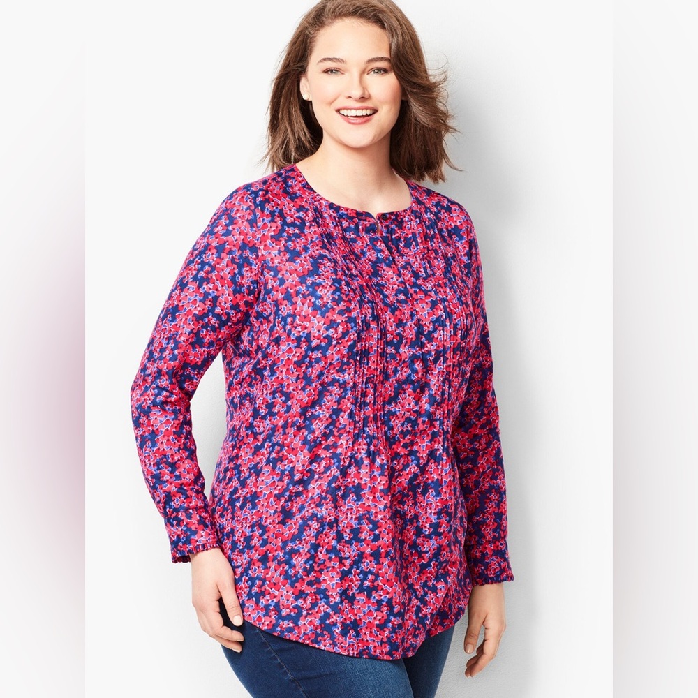 Talbots Woman Plus Size Floral Cotton Pintuck Blouse 2X